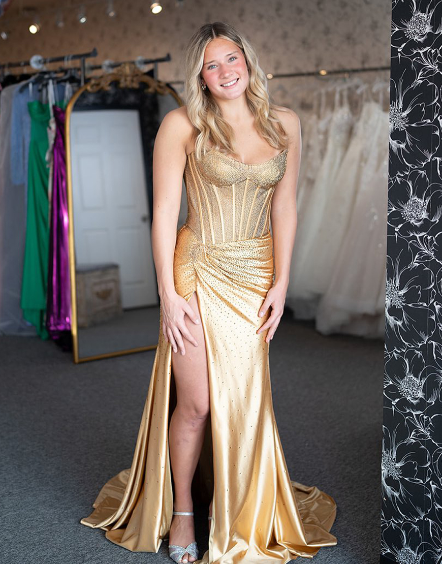 Sparkly Golden Strapless Beaded Mermaid Corset Ruched Long Prom Dress with Slit