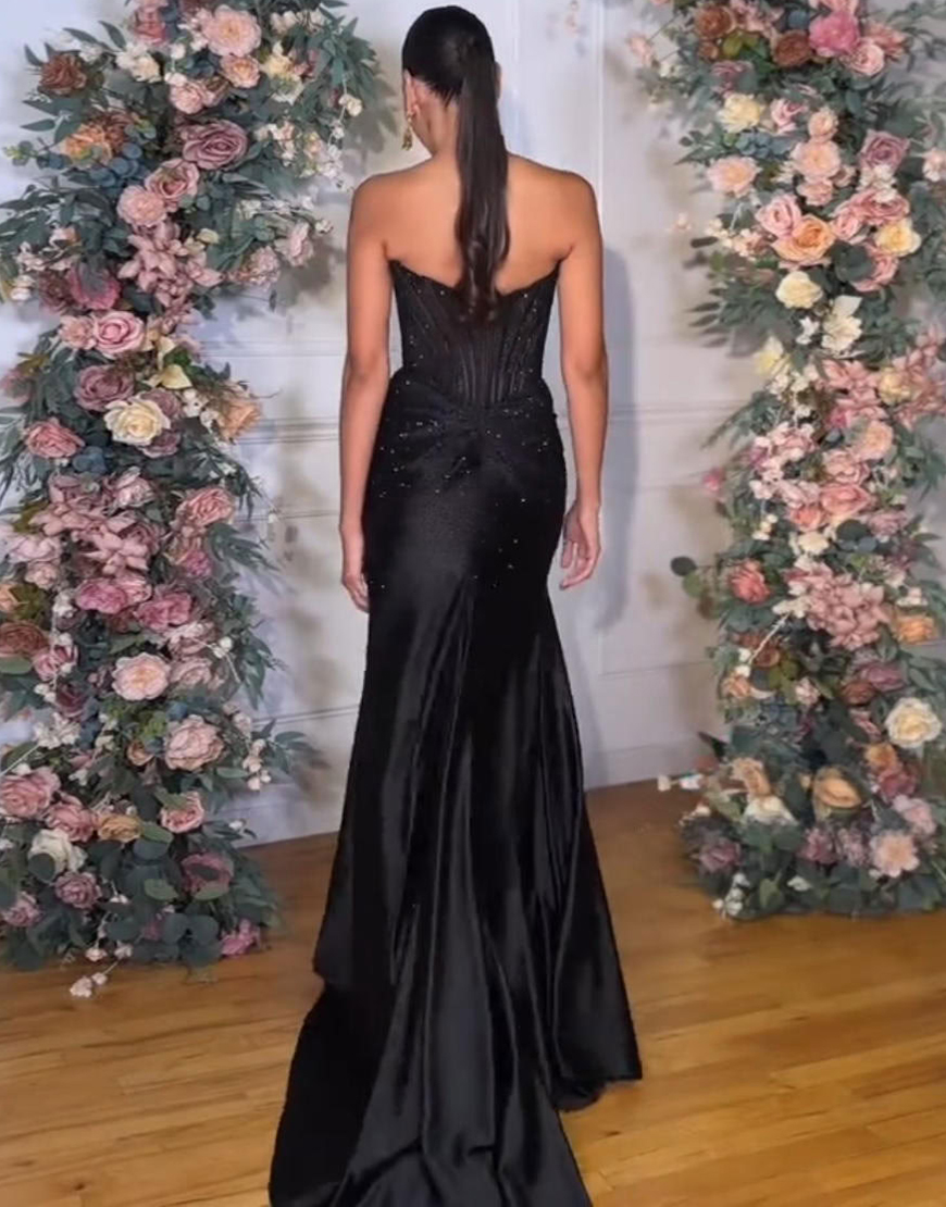 Glitter Golden Mermaid Strapless Beaded Corset Ruched Long Prom Dress with Slit