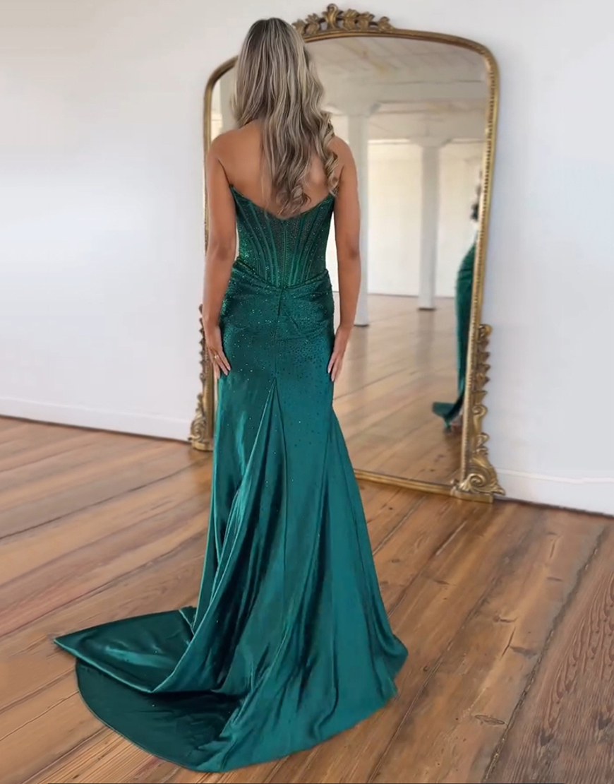 Glitter Golden Mermaid Strapless Beaded Corset Ruched Long Prom Dress with Slit