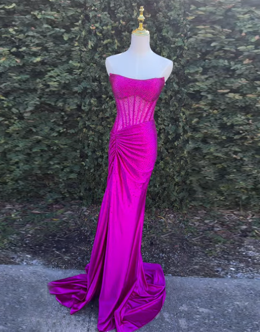 Glitter Golden Mermaid Strapless Beaded Corset Ruched Long Prom Dress with Slit