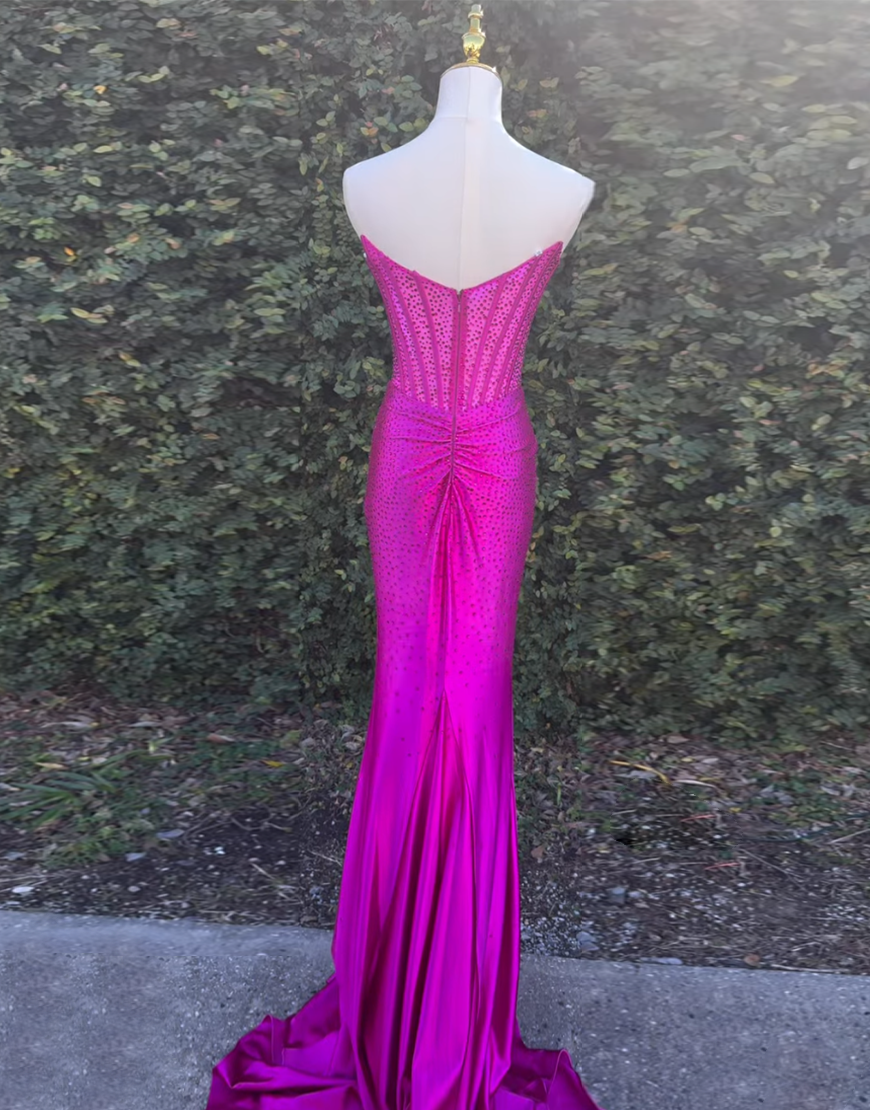 Glitter Golden Mermaid Strapless Beaded Corset Ruched Long Prom Dress with Slit