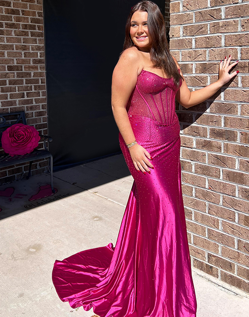 Glitter Golden Mermaid Strapless Beaded Corset Ruched Long Prom Dress with Slit