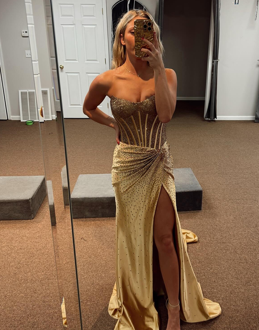 Sparkly Golden Mermaid Strapless Beaded Corset Ruched Long Prom Dress with Slit