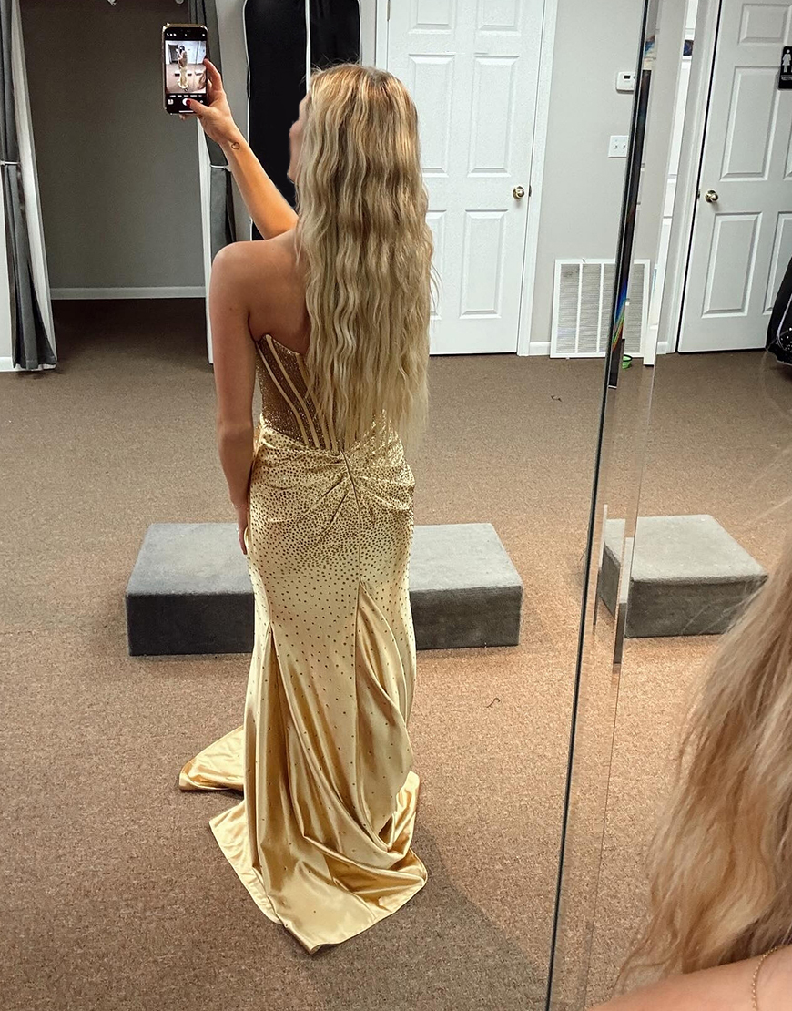 Sparkly Golden Mermaid Strapless Beaded Corset Ruched Long Prom Dress with Slit