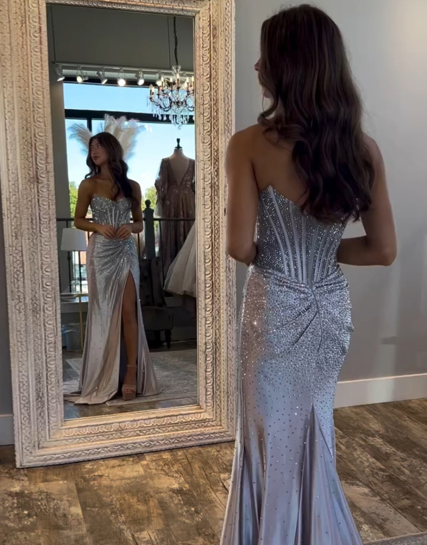 Sparkly Golden Mermaid Strapless Beaded Corset Ruched Long Prom Dress with Slit