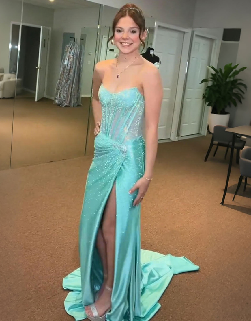 Glitter Golden Mermaid Strapless Beaded Corset Ruched Long Prom Dress with Slit