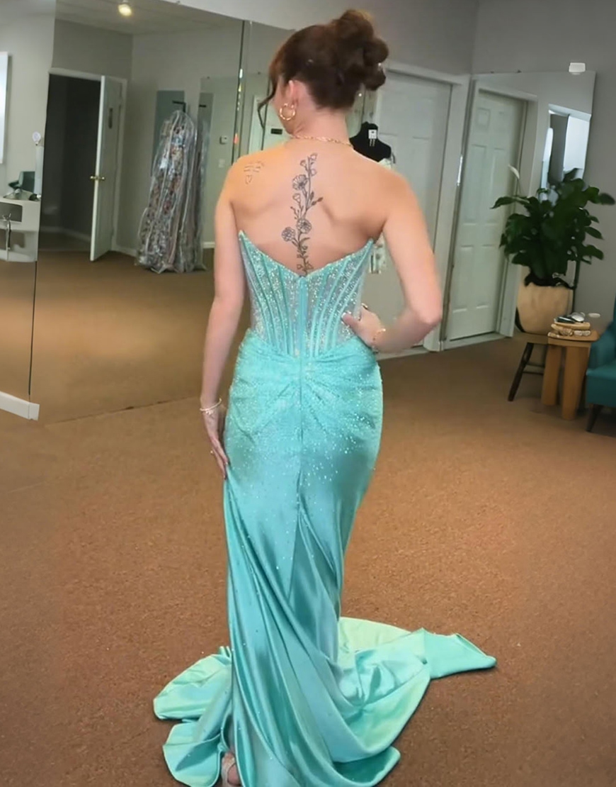 Glitter Golden Mermaid Strapless Beaded Corset Ruched Long Prom Dress with Slit