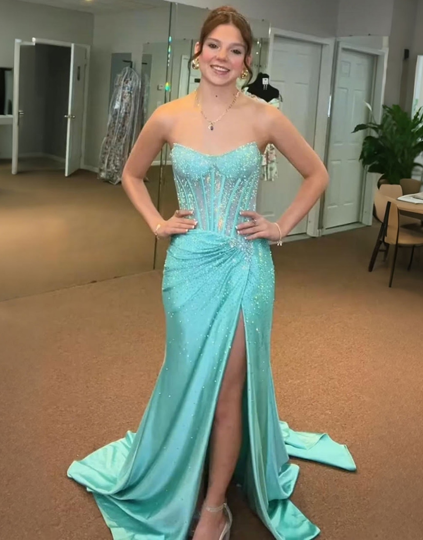 Glitter Golden Mermaid Strapless Beaded Corset Ruched Long Prom Dress with Slit