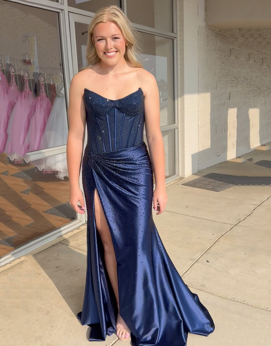 Sparkly Golden Mermaid Strapless Beaded Corset Ruched Long Prom Dress with Slit