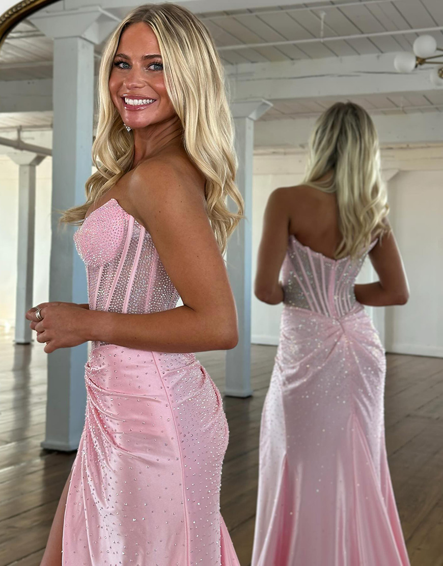 Glitter Golden Mermaid Strapless Beaded Corset Ruched Long Prom Dress with Slit