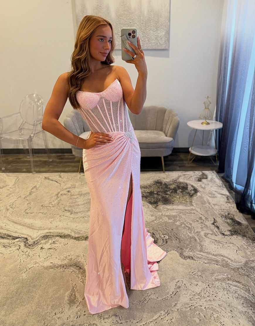 Glitter Golden Mermaid Strapless Beaded Corset Ruched Long Prom Dress with Slit