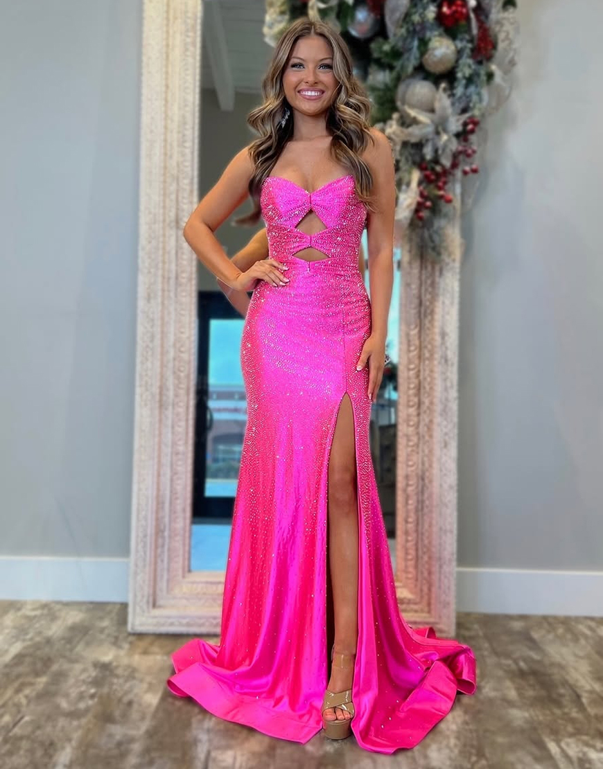Berlinnova Women Sparkly Fuchsia Long Prom Dress Mermaid Strapless Beading Hollow Out Pageant Dress with Slit