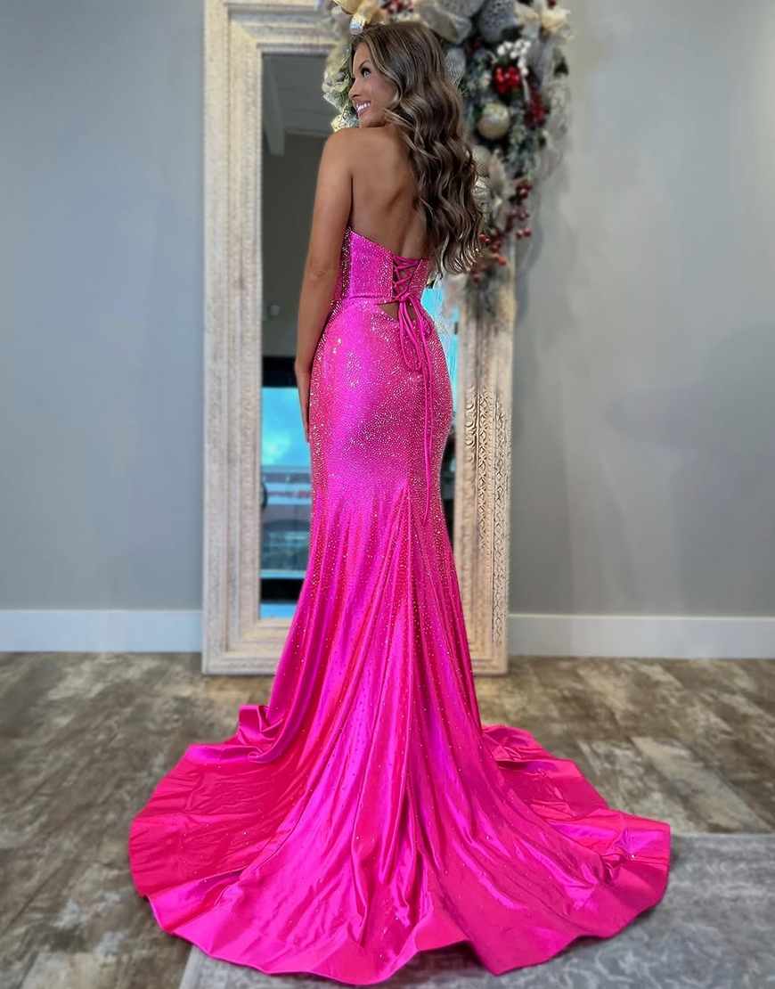 Berlinnova Women Sparkly Fuchsia Long Prom Dress Mermaid Strapless Beading Hollow Out Pageant Dress with Slit