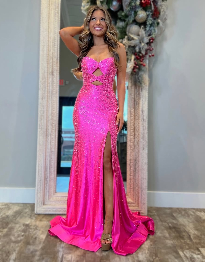 Berlinnova Women Sparkly Fuchsia Long Prom Dress Mermaid Strapless Beading Hollow Out Pageant Dress with Slit