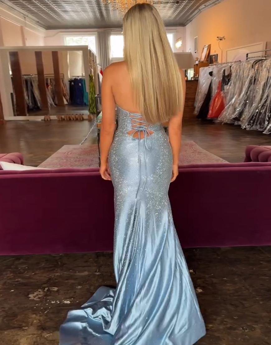 Sparkly Grey Blue Beaded Strapless Mermaid Hollow Out Long Prom Dress with Slit