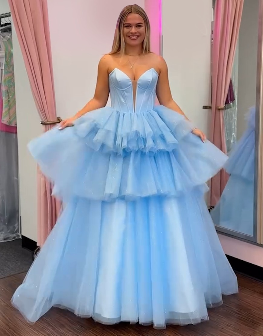 Blue A-Line Strapless Corset Ruffles Tulle Long Prom Dress