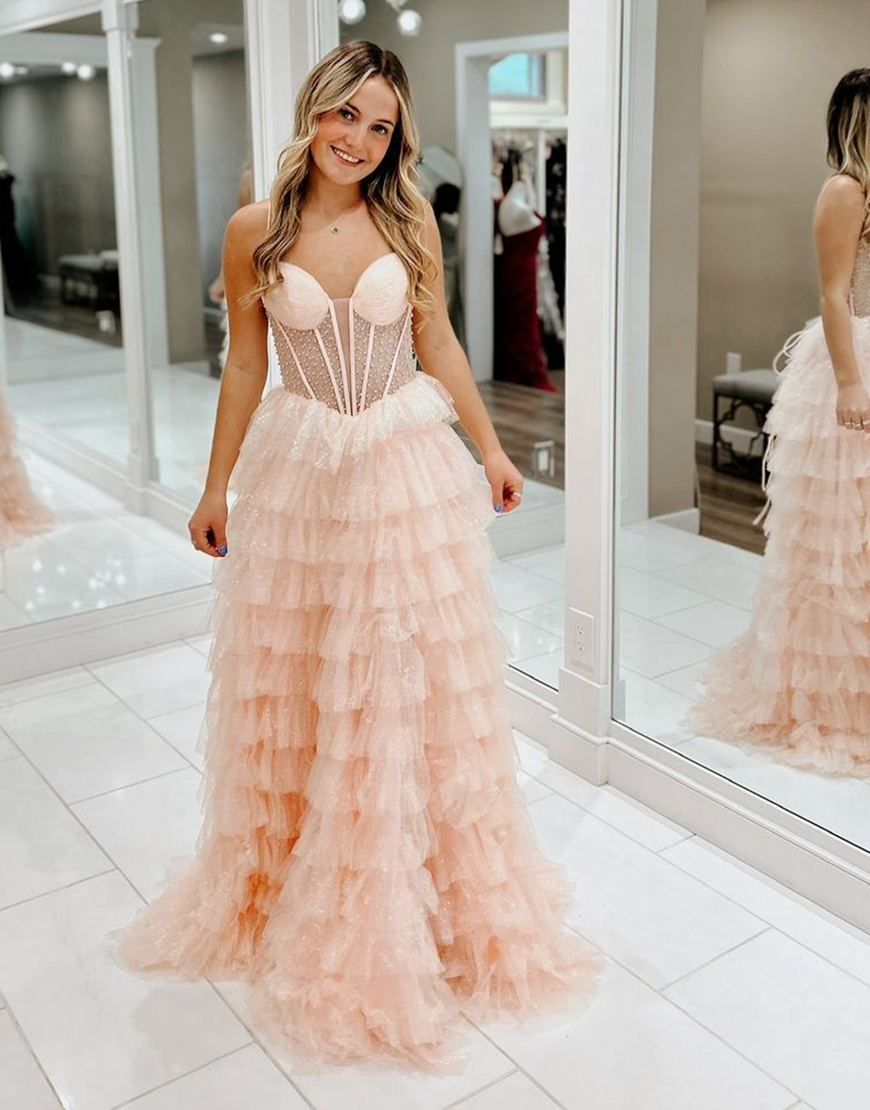 Sparkly Pink A-Line Spaghetti Straps Corset Beaded Ruffles Tulle Long Prom Dress