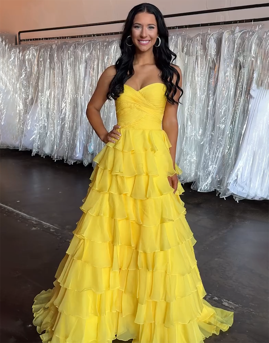 Yellow A-Line Strapless Ruffles Ruched Long Prom Dress