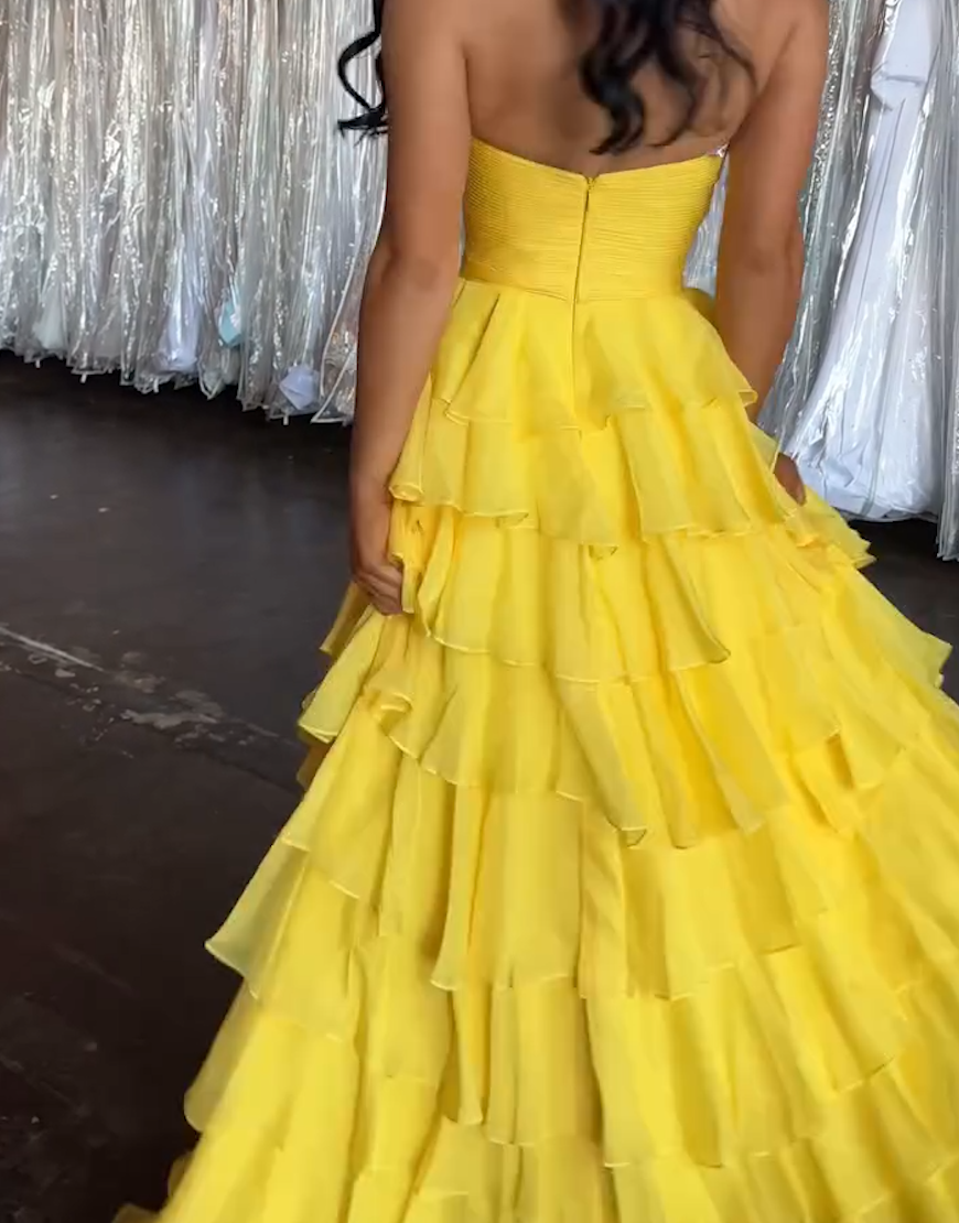 Yellow A-Line Strapless Ruffles Ruched Long Prom Dress