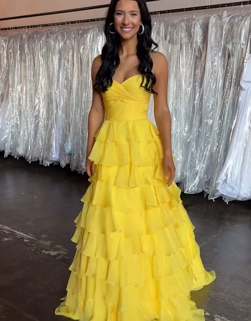 Yellow A-Line Strapless Ruffles Ruched Long Prom Dress