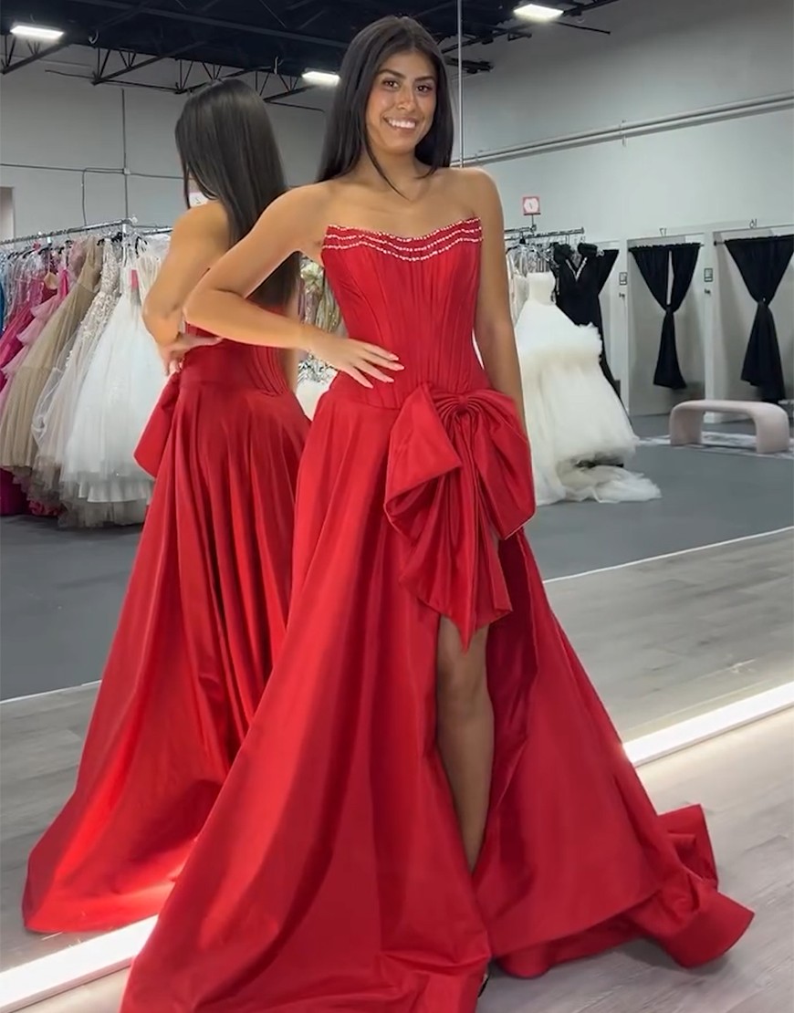 Sparkly Red A-Line Strapless Beaded Corset Satin Bow Long Prom Dress with Slit