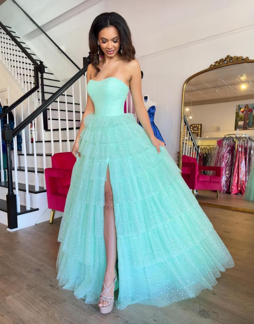 Sky Blue A-Line Strapless Ruffles Tulle Long Prom Dress with Slit
