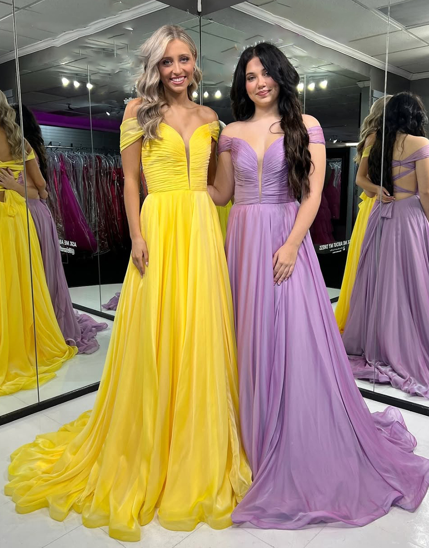 Lilac A-Line Off the Shoulder Ruched Long Prom Dress
