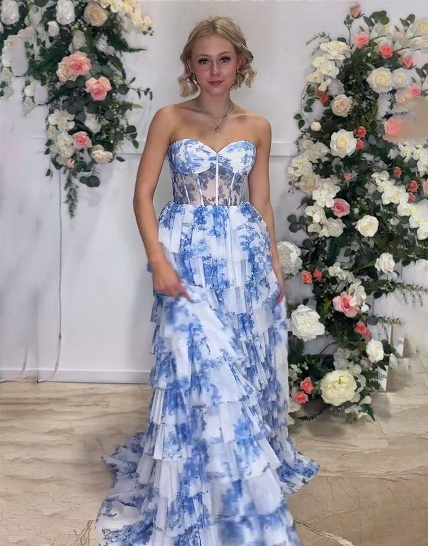 White Blue Flower A-Line Strapless Corset Ruffles Long Prom Dress