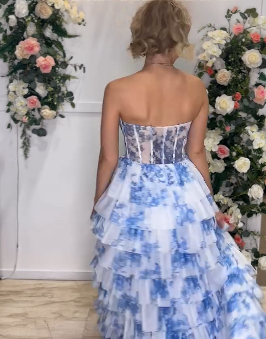 White Blue Flower A-Line Strapless Corset Ruffles Long Prom Dress