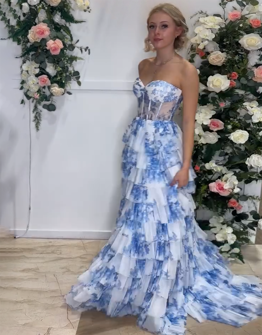 White Blue Flower A-Line Strapless Corset Ruffles Long Prom Dress
