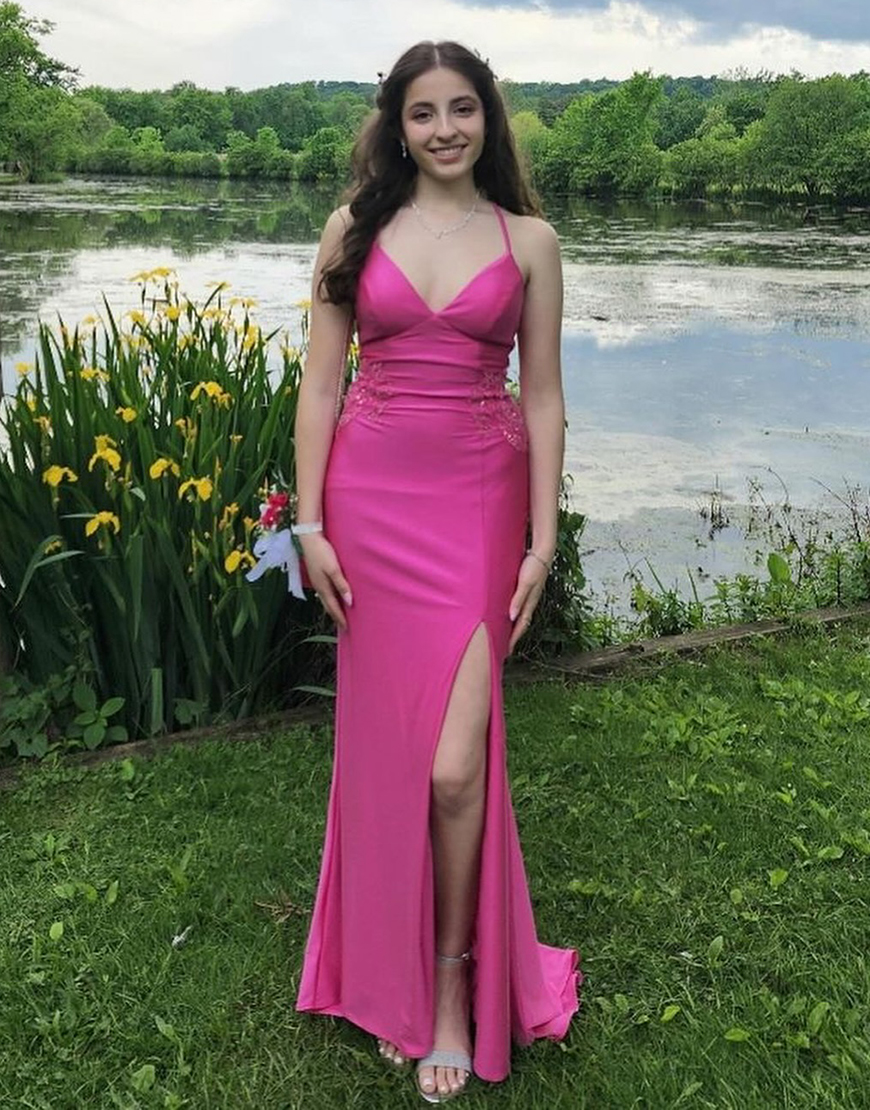 Sparkly Fuchsia Mermaid Spaghetti Straps Appliques Long Prom Dress with Slit