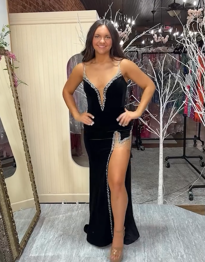 Sparkly Black Mermaid Spaghetti Straps Beaded Velvet Long Prom Dress with Slit
