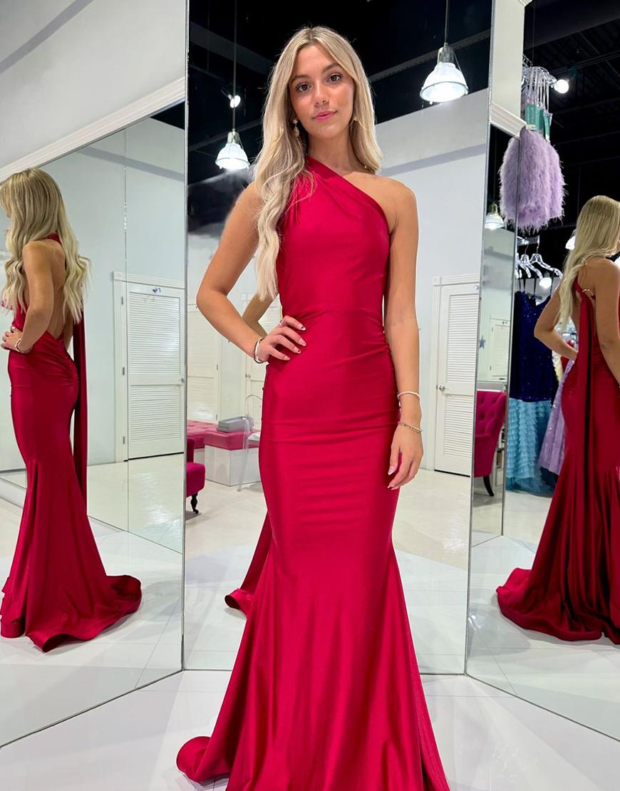 Red Mermaid One Shoulder Open Back Long Prom Dress with Strap