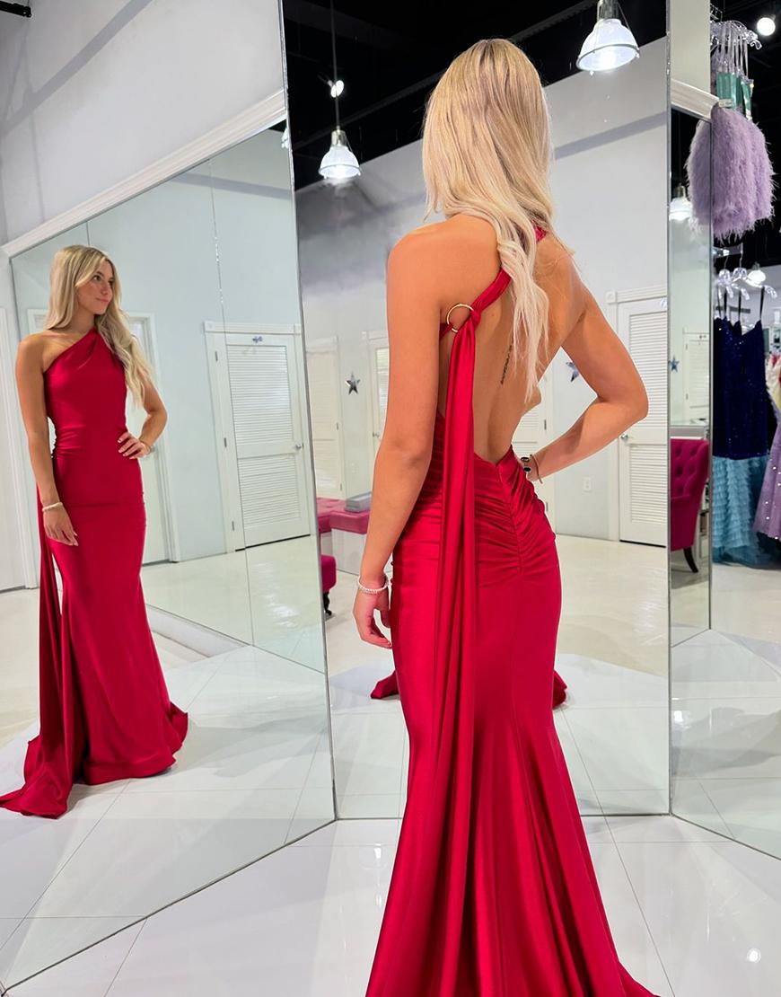 Red Mermaid One Shoulder Open Back Long Prom Dress with Strap