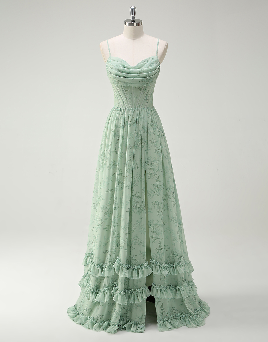 Green Flowers A-Line Spaghetti Straps Ruched Corset Ruffles Long Prom Dress with Slit