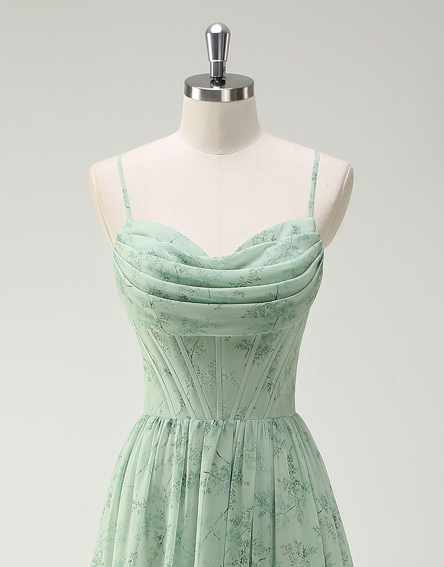 Green Flowers A-Line Spaghetti Straps Ruched Corset Ruffles Long Prom Dress with Slit