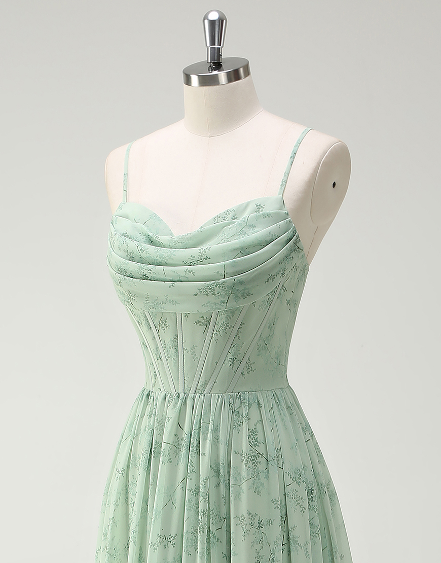 Green Flowers A-Line Spaghetti Straps Ruched Corset Ruffles Long Prom Dress with Slit