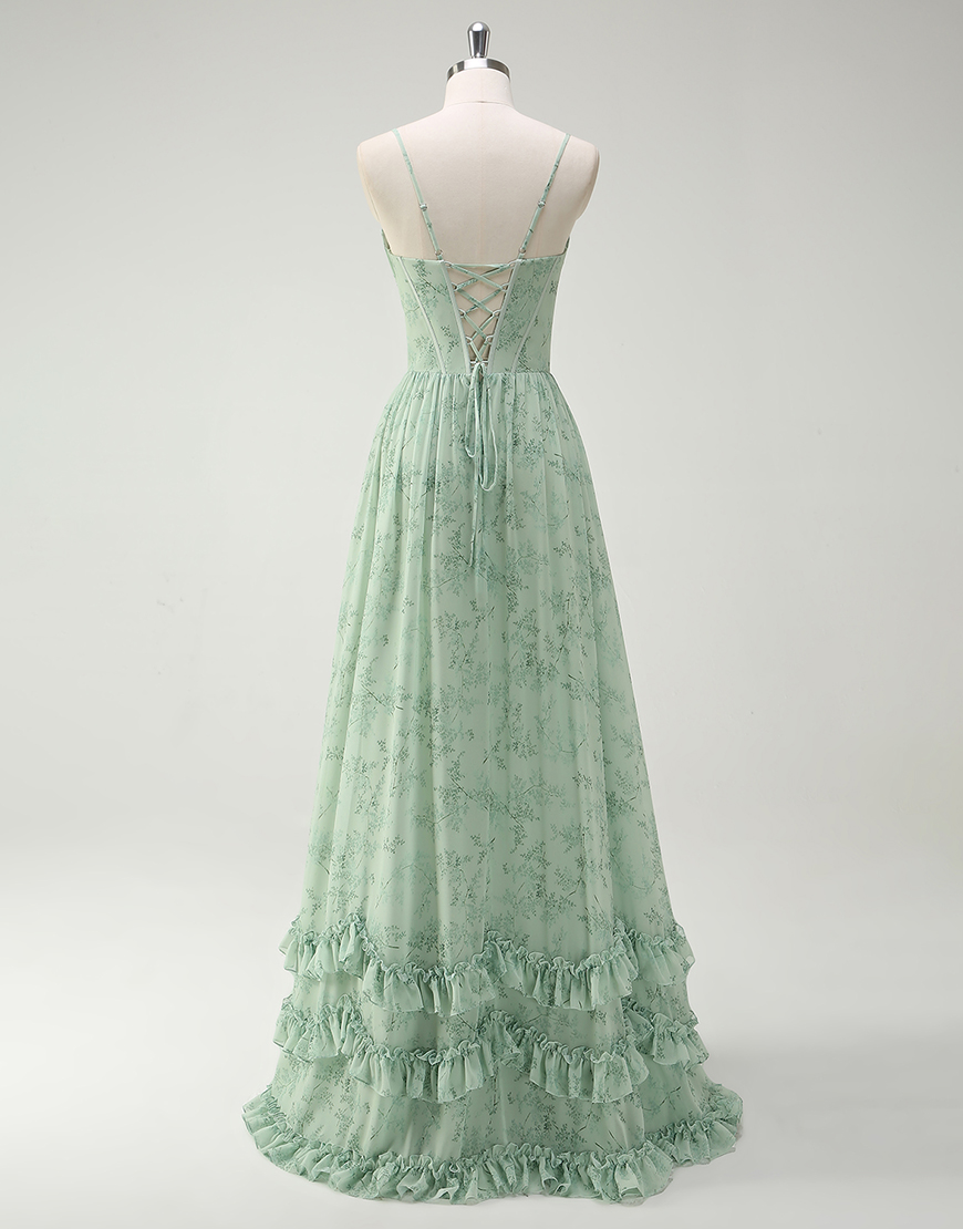 Green Flowers A-Line Spaghetti Straps Ruched Corset Ruffles Long Prom Dress with Slit