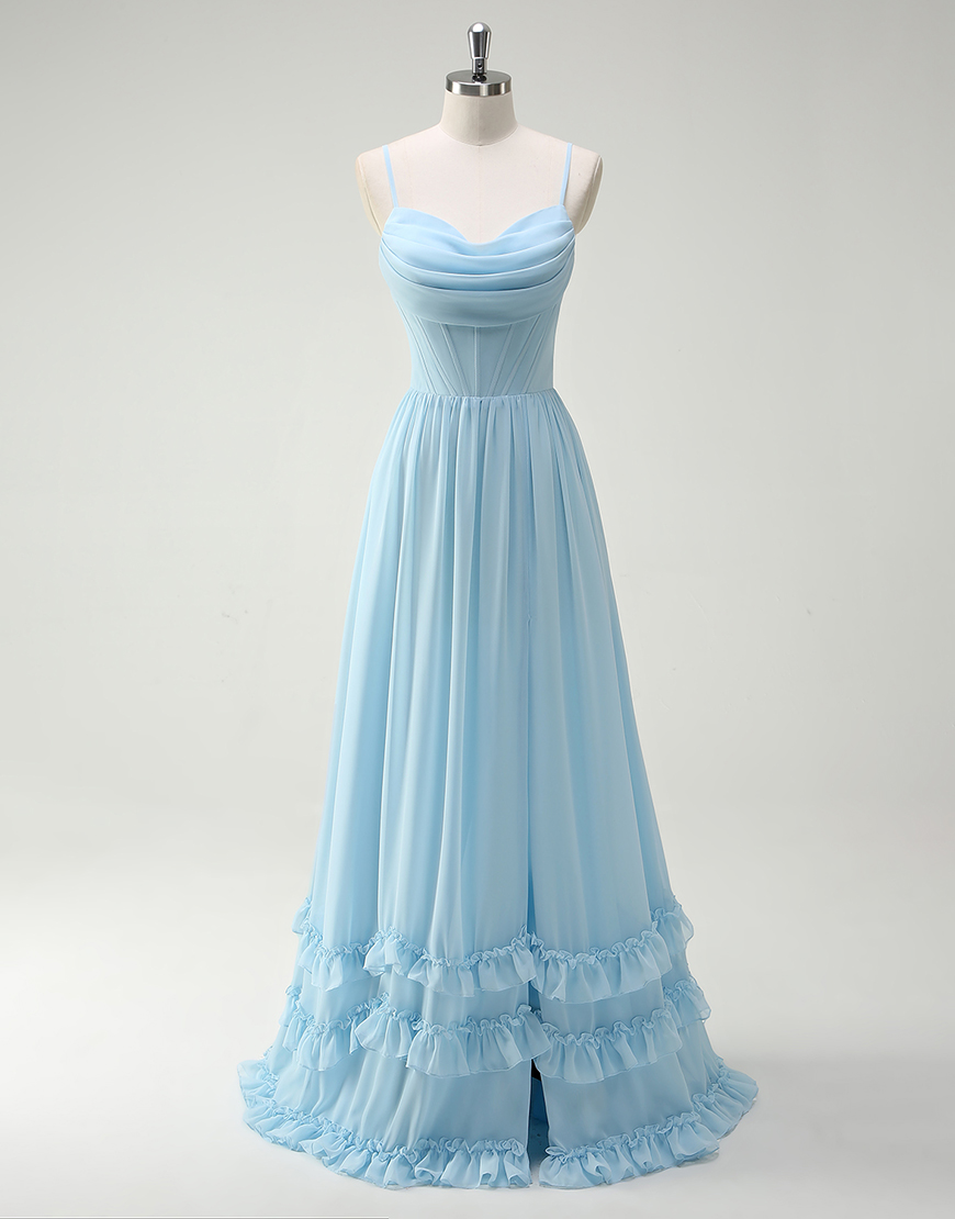 Green Flowers A-Line Spaghetti Straps Ruched Corset Ruffles Long Prom Dress with Slit