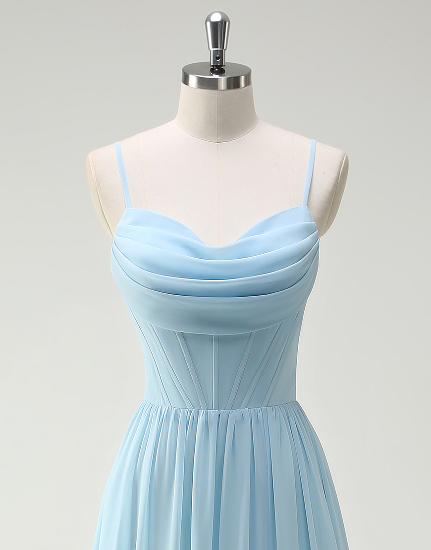 Green Flowers A-Line Spaghetti Straps Ruched Corset Ruffles Long Prom Dress with Slit