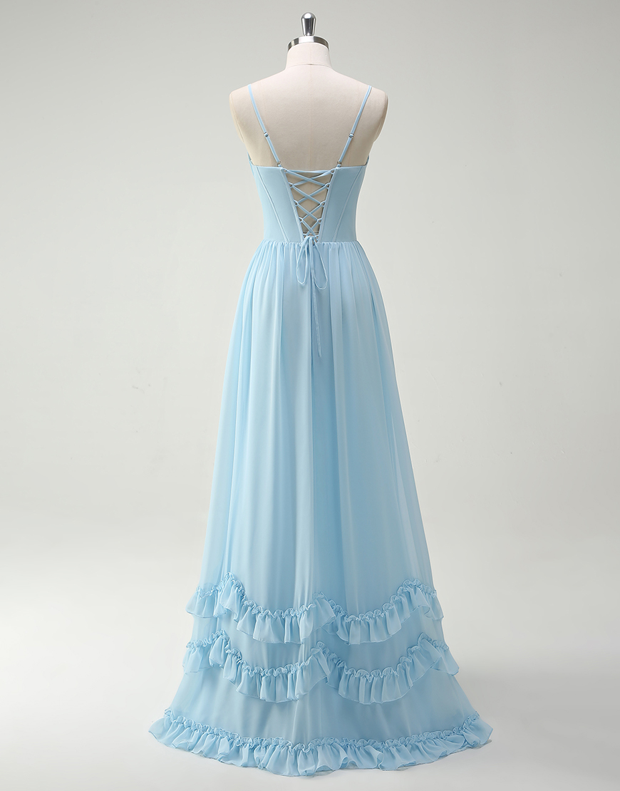 Green Flowers A-Line Spaghetti Straps Ruched Corset Ruffles Long Prom Dress with Slit