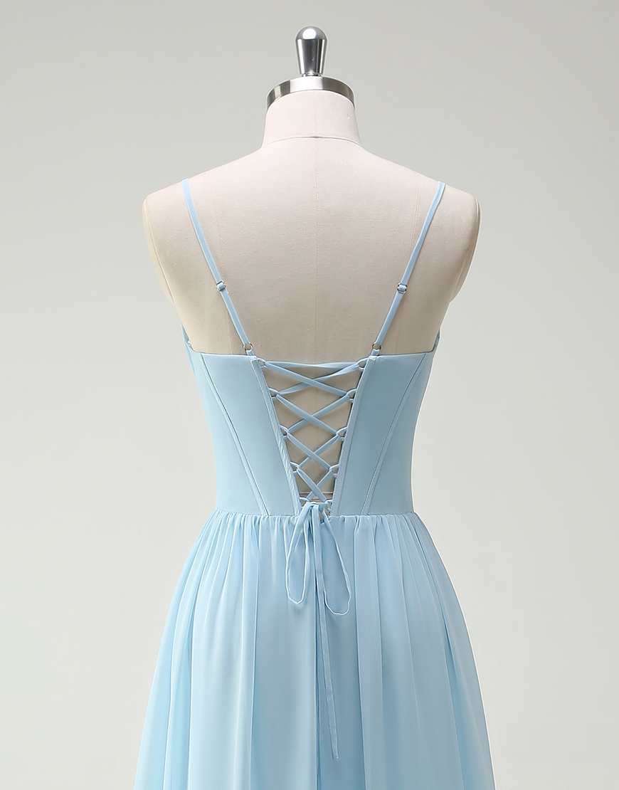 Green Flowers A-Line Spaghetti Straps Ruched Corset Ruffles Long Prom Dress with Slit