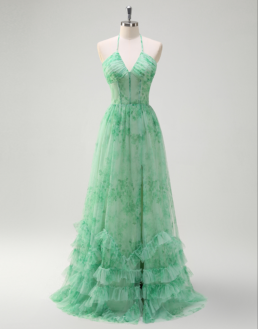 Green A-Line Halter Floral Corset Ruffles Tulle Long Prom Dress with Slit