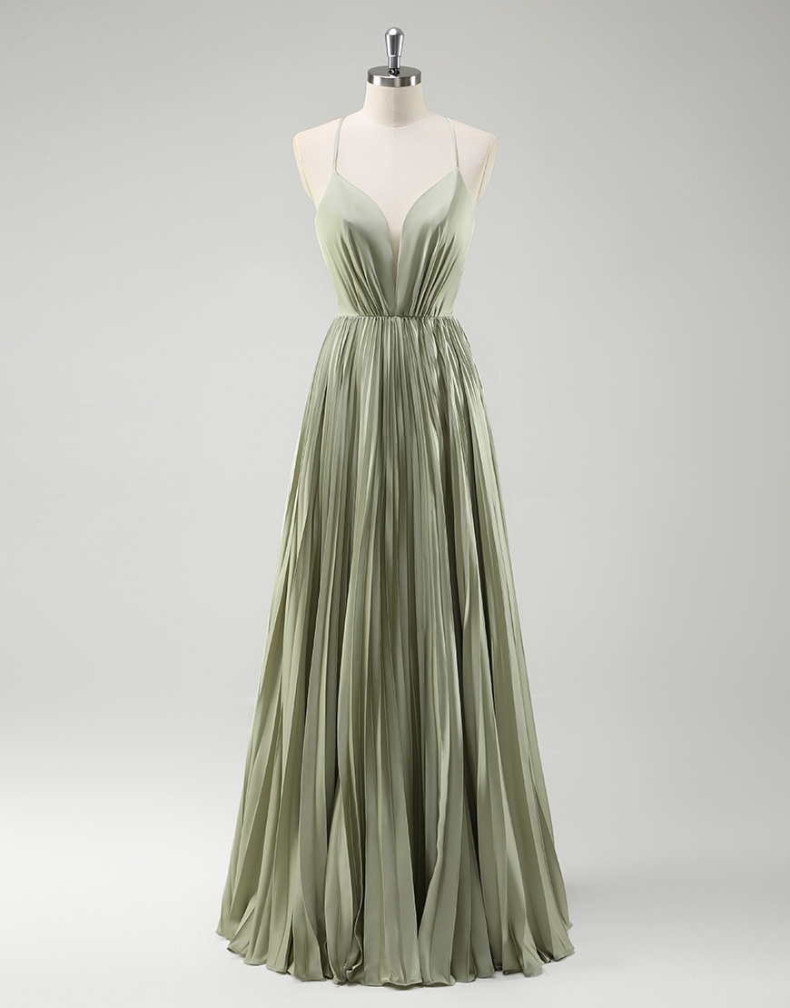 Grey Green A-Line Spaghetti Straps Pleating Long Prom Dress