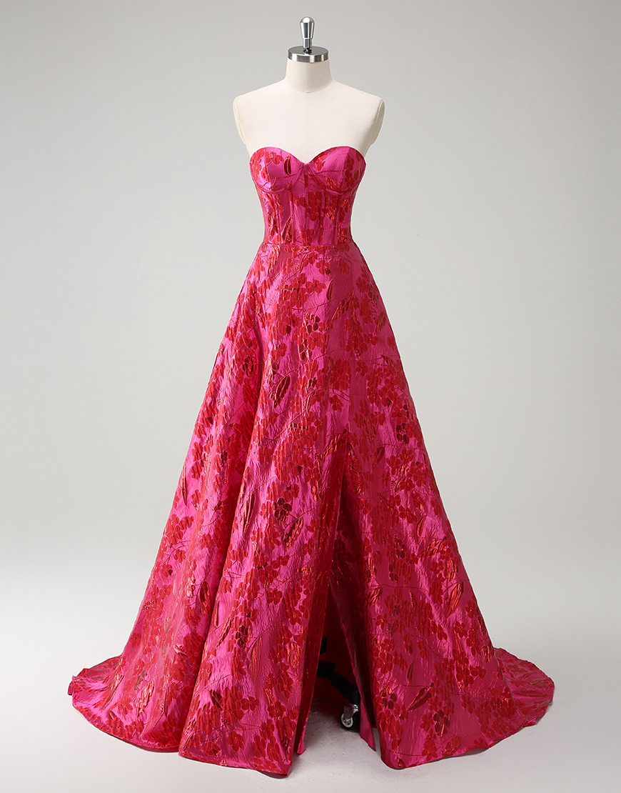 Fuchsia A-Line Floral Strapless Corset Long Prom Dress with Slit