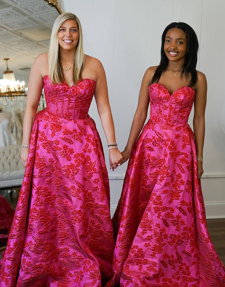 Fuchsia A-Line Floral Strapless Corset Long Prom Dress with Slit