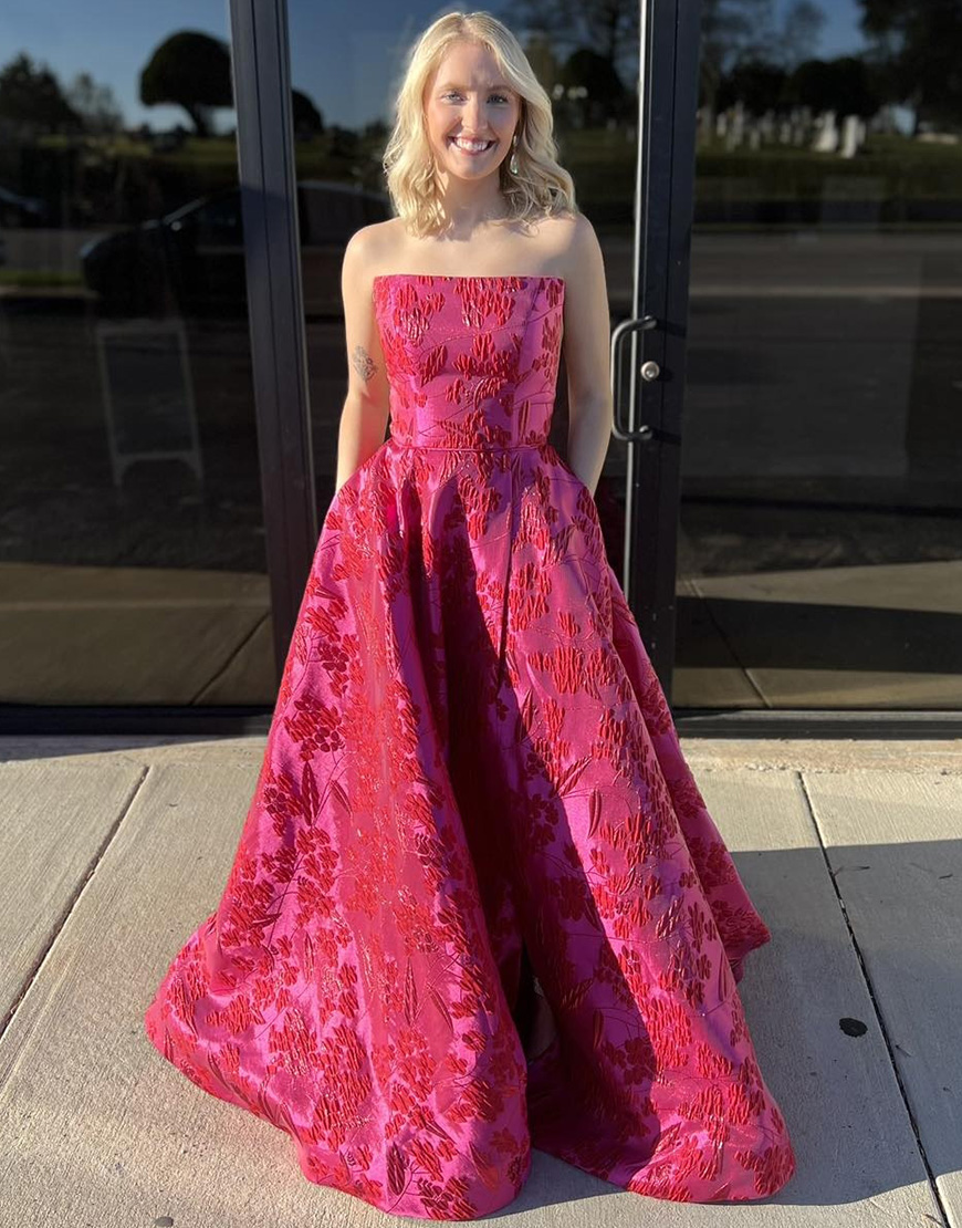 Fuchsia A-Line Strapless Floral Long Prom Dress with Slit