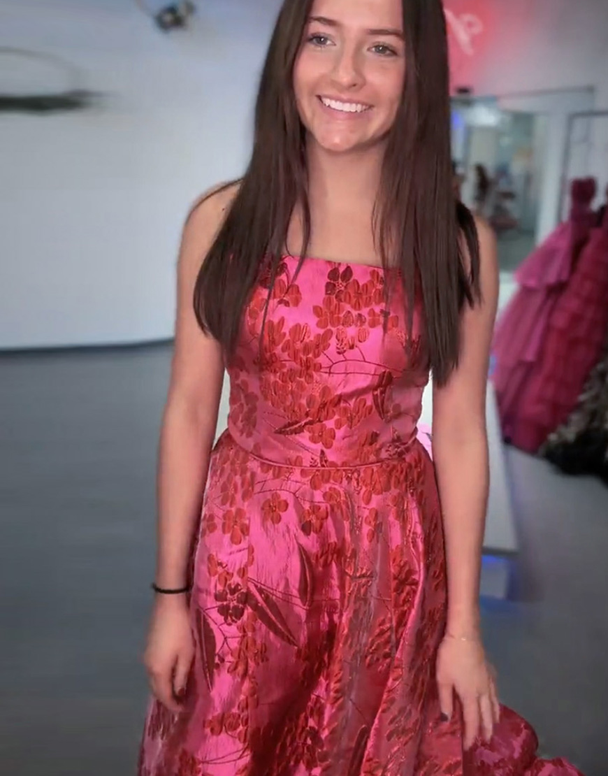 Fuchsia A-Line Strapless Floral Long Prom Dress with Slit