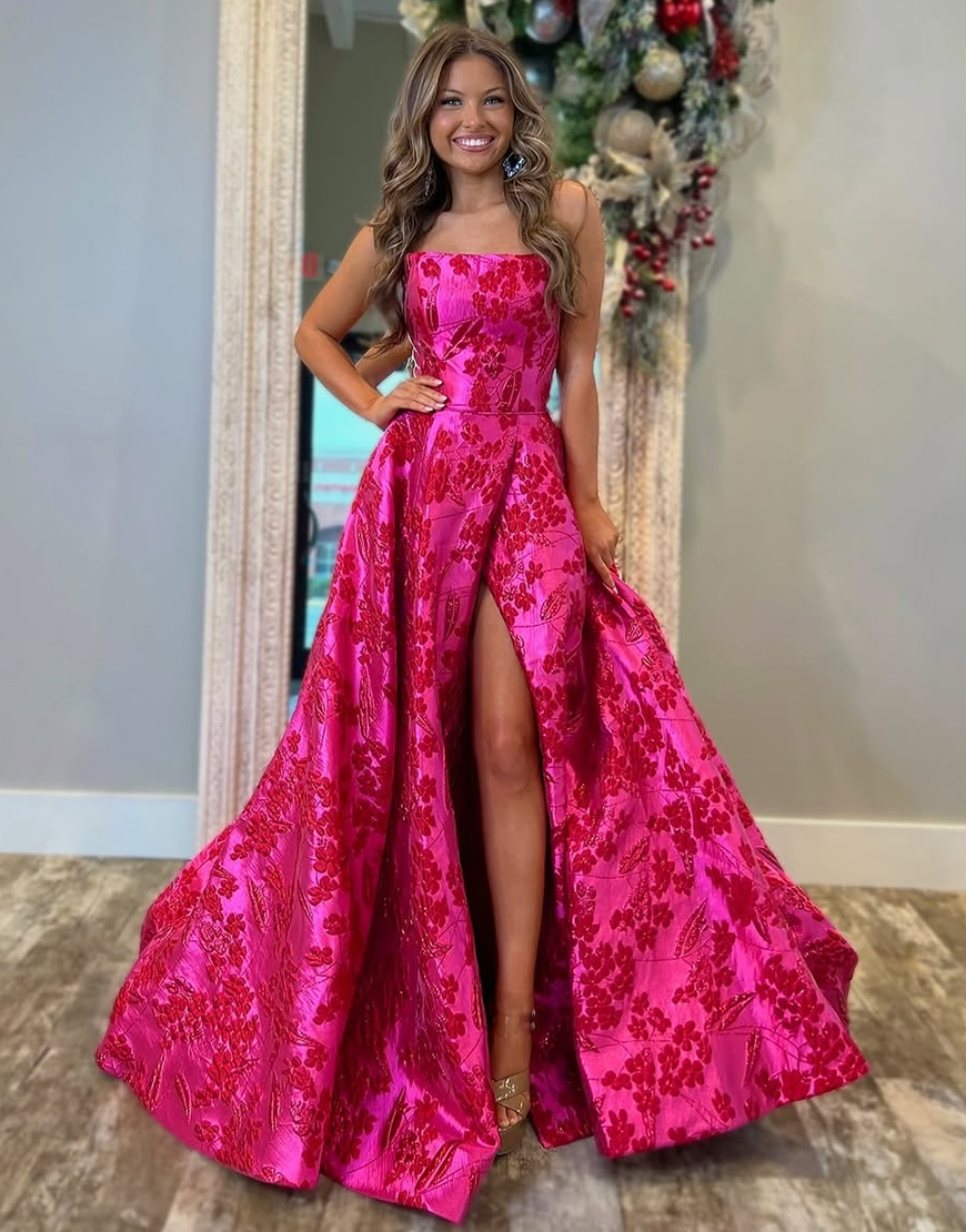 Fuchsia A-Line Strapless Floral Long Prom Dress with Slit