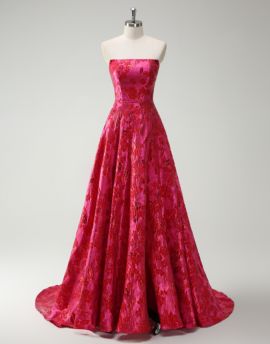 Fuchsia A-Line Strapless Floral Long Prom Dress with Slit
